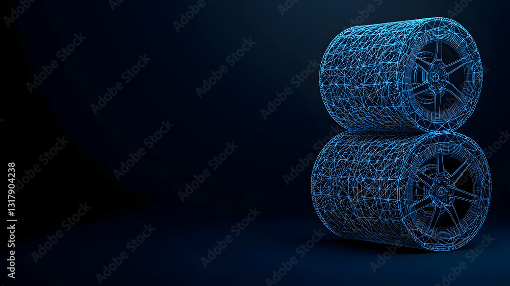Poster abstract digital blue spheres rendered against dark background with illuminated elements representin