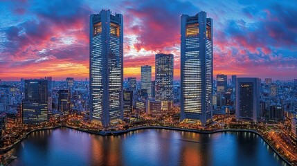 Fototapeta premium Panoramic view of a vibrant Japanese cityscape at sunset, with illuminated skyscrapers reflecting on a calm water body