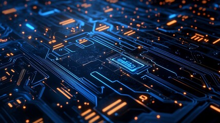 Abstract Futuristic Circuit Board Design Glowing Blue and Orange Lines Technology Background Digital World Innovation
