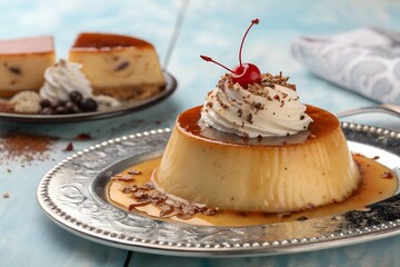 Close up of flan dessert with caramel sauce and cherry on silver plate in restaurant