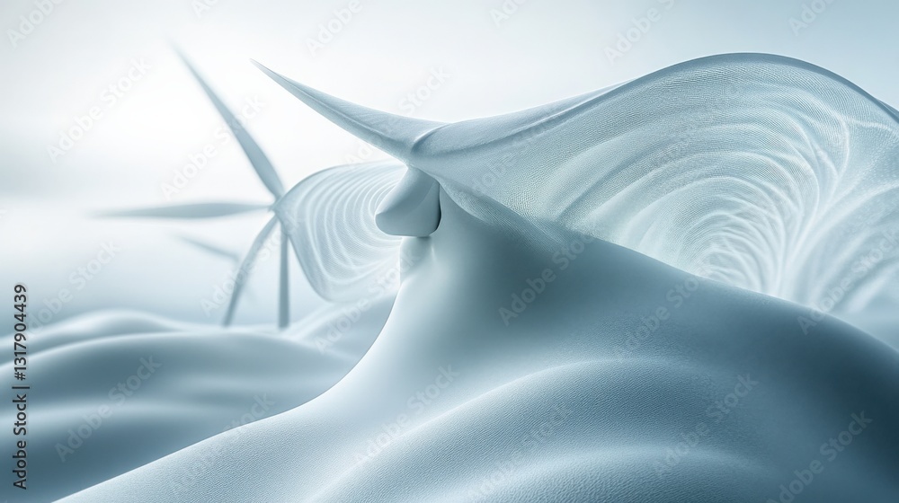 Poster surreal landscape featuring flowing white forms with wind turbines in the background
