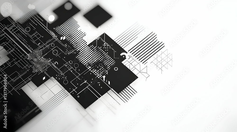 Poster abstract black and white monochrome design with geometric shapes and lines on a white background wit