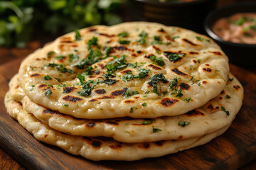 A pile of warm Indian naan breads stacked on top of each other on a wooden board. 