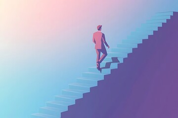 A man in a business suit is climbing the stairs of an upward trend graph