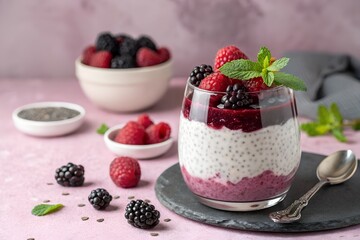 Delicious chia seed pudding with fresh raspberries and blackberries displayed beautifully on pink