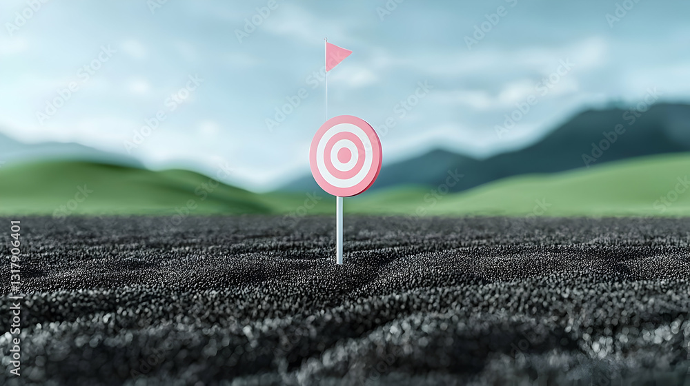 Poster a pixel art target on a voxelated black soil with green hills and mountains in the background with a