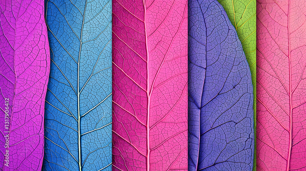 Poster vibrant colorful leaves with intricate veins arranged vertically in rainbow gradient for abstract na