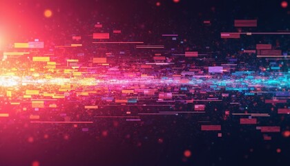 Fototapeta premium Vibrant glitch texture background with neon colors. Grainy noise effect, abstract futuristic digital design. Template for banners, posters, covers. Dynamic pixelated colourful edgy retro electric