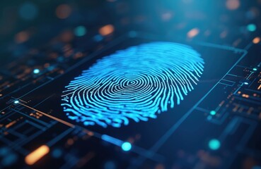 Closeup of fingerprint scanner. Digital biometric device for security, identity verification, secure access control. Tech innovation. Authentication system with fingerprint, datum, information,
