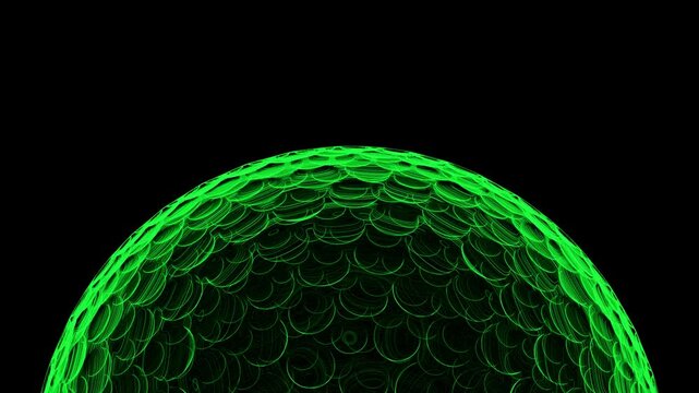 Green hologram golf ball on black background.
Bright SciFi style.Seamless animation. 

