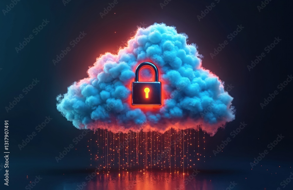 Poster creative image of neon cloud with padlock digital data protection. online information security. clou