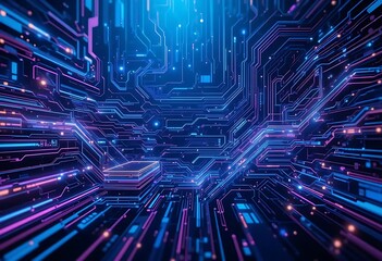 Obraz premium Digital light streams through abstract blue tech circuits, a fiber optic illustration of data motion