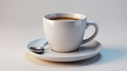Fototapeta premium A steaming cup of coffee on a saucer with a spoon, perfect for morning routines and cozy moment