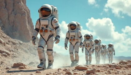 Group of astronauts in space suits trek across surface of unknown planet. Teamwork, exploration, discovery, march, futuristic, collaboration. Expedition, journey, science, adventure, camaraderie,