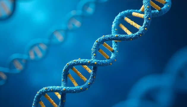 A blue and yellow illustration depicts the DNA double helix, representing the human genome, for World Down Syndrome Day