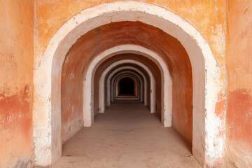 Ancient arched corridor with repeating archways in a historic building, warm earthy tones on weathered walls, perspective leading into darkness, mysterious and atmospheric passage
