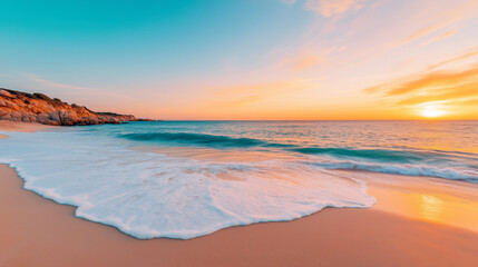 Idyllic tropical beach at sunset with gentle ocean waves washing over soft golden sand, vibrant sky reflecting warm and cool hues in a peaceful coastal landscape