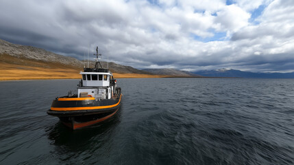 Fototapeta premium Black and orange tugboat floating on a dark blue lake with rugged mountains and dramatic cloudy skies in the background
