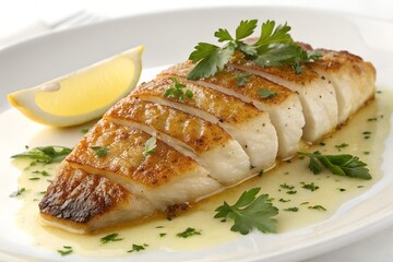 Delicious pan seared fish fillet with lemon wedge and parsley garnish on a white plate