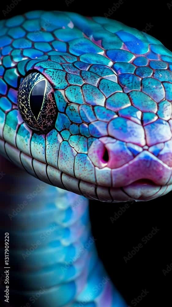 Poster close-up view of a colorful snake showcasing vibrant scales and intricate patterns under soft lighti