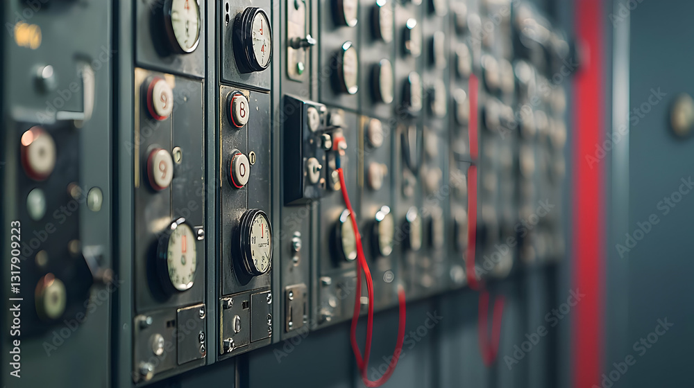 Poster detailed view of a complex control panel with numerous dials buttons and red cables against a dark g