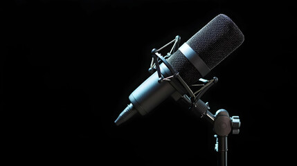 Fototapeta premium Close Up Of A Professional Silver Studio Microphone Against A Dark Background Lit With A Single Light Source Ready For Recording