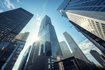 Reflective skyscraper business office buildings. Bottom up view of big modern city urban landscape. Generative AI.