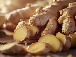Spicy Ginger: A close-up shot of freshly cut ginger, showing its earthy tones and textured surface, highlighting its culinary and health benefits.