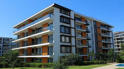 Modern apartment building with balconies and multiple levels.  Exterior features include contemporary design, with varied colors and materials