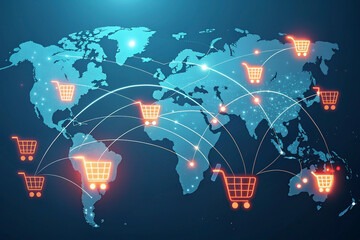 Glowing global map with digital shopping carts, online retail network, futuristic e-commerce connections