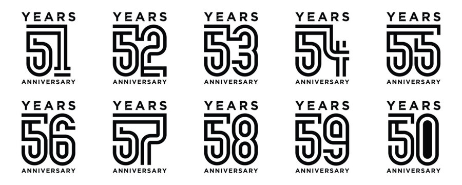 creative anniversary logo design collection number 50 to 59 in black color and white background. abstract number design vector illustration
