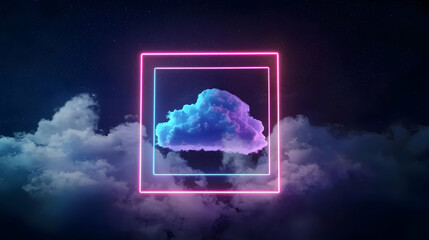 Pixel Art Cloud in a Neon Frame Against a Night Sky with Stars and Clouds