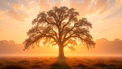 Obraz premium Majestic tree silhouetted against a golden sunrise