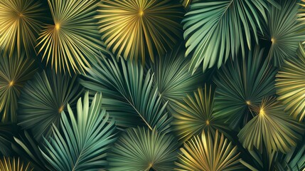 Fototapeta premium Tropical Palm Leaves Create a Vibrant Backdrop With Shades of Green and Gold in a Lush, Serene Environment
