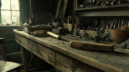 Vintage Wooden Workbench Filled with Tools and Materials