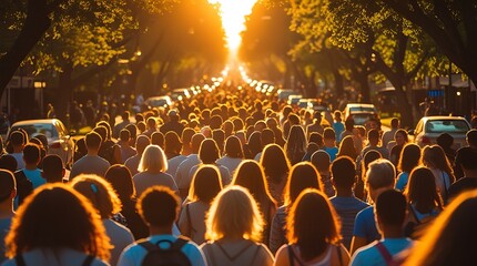 Large crowd of people walking down a city street at sunset, forming a vibrant human flow surrounded by trees and golden light, symbolizing community, movement, and urban life

