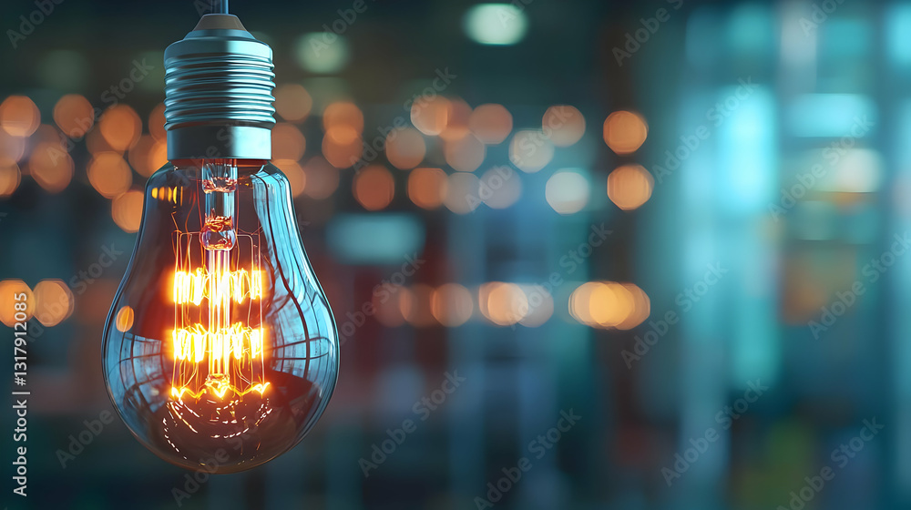 Aufkleber close up of illuminated lightbulb hanging from ceiling with bright orange filament and bokeh backgro