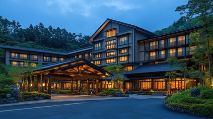 Elegant Japanese hotel nestled in nature at dusk