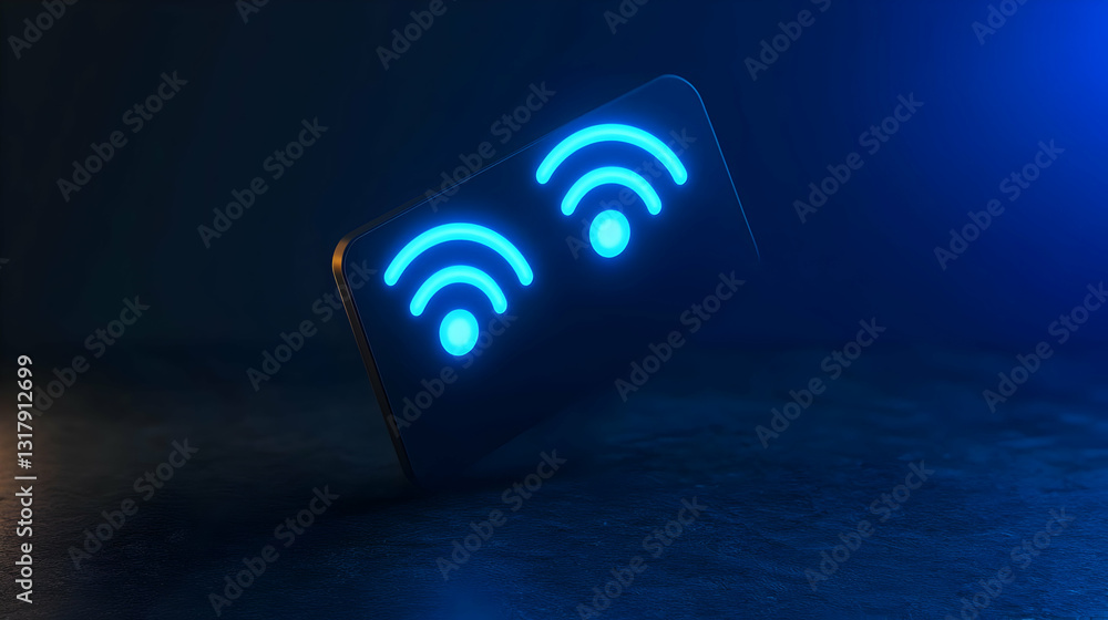 Poster dark blue illuminated wifi symbol on a black rectangular device on a textured surface with a soft bl