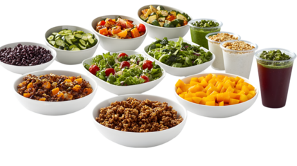 Healthy Salad Bowls and Nutritious Ingredients on White Background