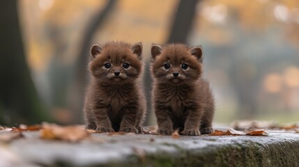 Two adorable brown kittens in autumn park