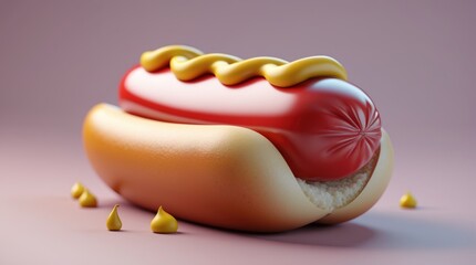 Delicious Hot Dog with Mustard Topping on a Soft Bun, 3D Illustration for Food and Culinary Des