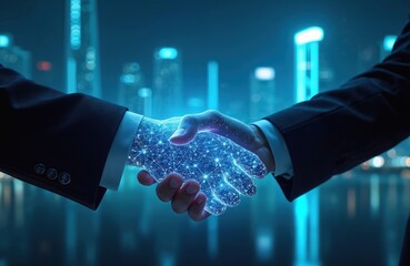 Digital partnership over futuristic background. Artificial intelligence, machine learning process for 4th industrial revolution. Business people handshake shows virtual cooperation with digital