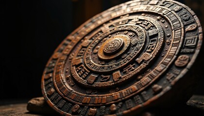 Obraz premium Close-up of old Mayan Aztec calendar stone carving with round pattern. Bronze, brown texture background with relief. Ancient precolumbian ornament, vintage landmark for history, travel themes.