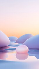 Calm Serenity: Minimalist composition of smooth, rounded forms evoking a sense of tranquility, with gentle colors reflected in water, a dreamlike state.