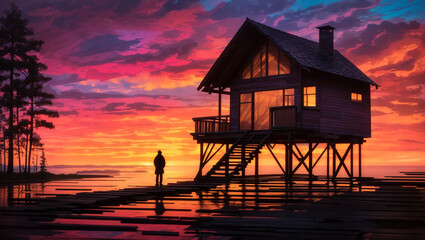 A colorful painting shows a figure near a stilt house on water during a vibrant sunset. This artwork is likely for sale on Adobe Stock.