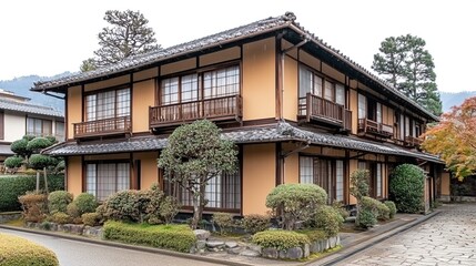 Fototapeta premium Traditional Japanese house with multiple stories, brown trim, and light beige exterior. Surrounded by gardens and landscaping