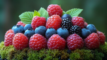a colorful array of wild berries with ripe raspberries blueberries and blackberries piled together for a tempting treat