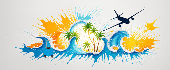 Naklejka premium tropical vacation concept with ocean waves, splashing water, palm trees, airplane in sky