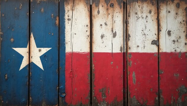 Texas flag painted on rustic wood surface. Symbol of state pride featuring lone star in blue field, white stripe, red stripe. Western decor, rustic vintage texture for patriot design. - Powered by Adobe